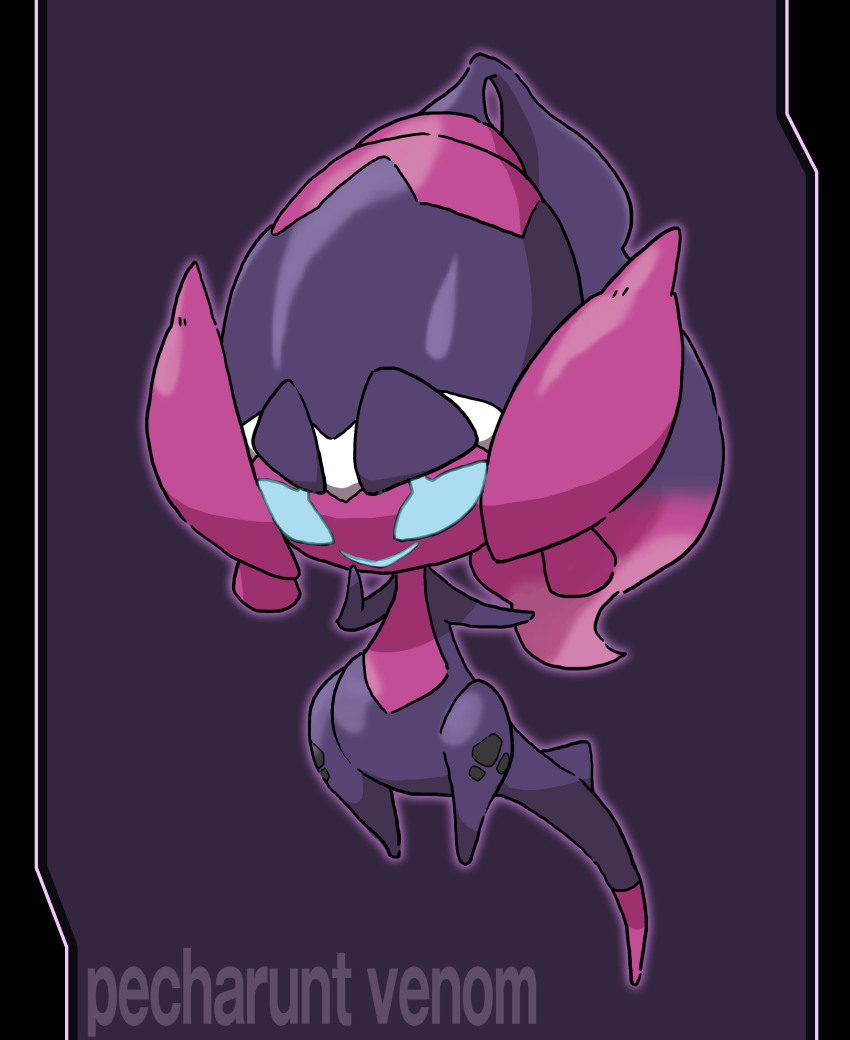 absurdres blue_eyes character_name commentary_request fusion gen_7_pokemon hand_up happy highres nikunigushii nintendo no_humans pecharunt poipole pokemon pokemon_(creature) pokemon_focus purple_background smile solo ultra_beast