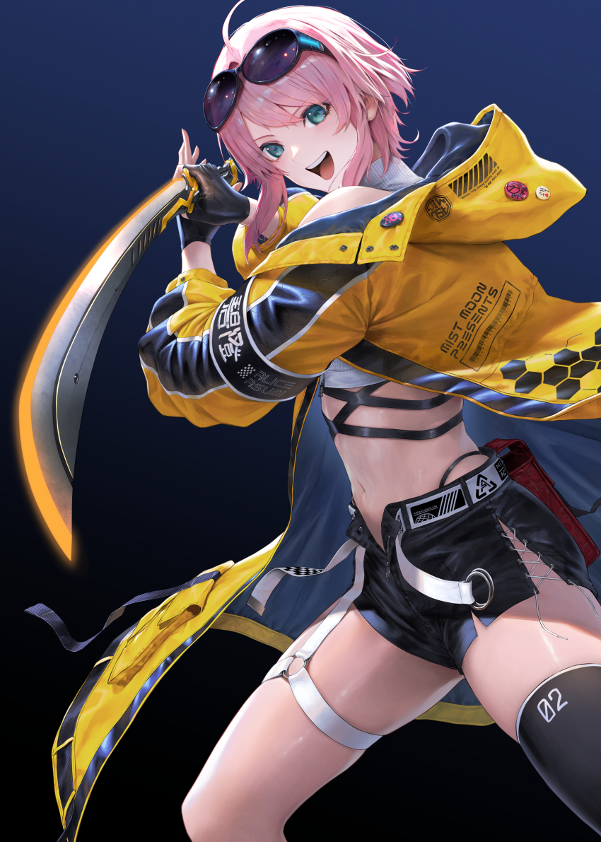 1girl :d absurdres ahoge aqua_eyes armband belt black_armband black_gloves black_shorts black_thighhighs blue_background character_name clothes_writing coat commentary_request cover cover_page cowboy_shot crop_top eyewear_on_head fingerless_gloves gloves highres holding holding_sword holding_weapon hood hood_down hooded_coat long_sleeves looking_at_viewer midriff mugetsu2501 navel o-ring o-ring_thigh_strap off_shoulder open_clothes open_coat open_fly open_mouth original pink_hair ribbed_shirt shirt short_hair_with_long_locks short_shorts shorts sidelocks simple_background single_thighhigh skindentation sleeveless sleeveless_shirt smile solo standing sunglasses sword teeth thigh_strap thighhighs turtleneck turtleneck_shirt upper_teeth_only weapon white_belt yellow_coat