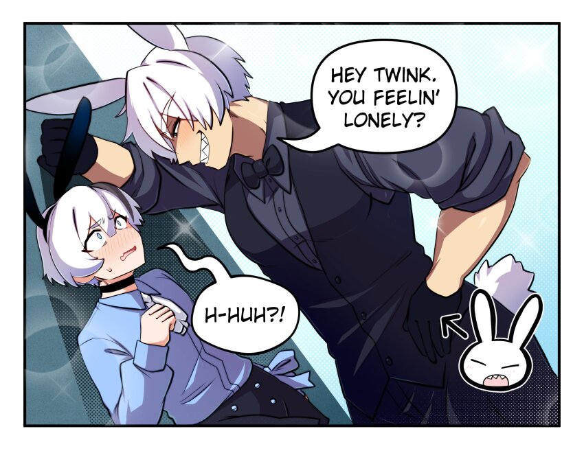 2boys against_wall aki_(sketchkun) animal_ear_hairband animal_ears black_bow black_bowtie black_choker black_eyes black_gloves black_hairband black_pants black_streaks black_vest blue_eyes blue_shirt blush border bow bowtie buttons choker commentary double-parted_bangs english_commentary english_text fake_animal_ears genderswap genderswap_(ftm) gloves grey_shirt grin hair_between_eyes hairband hand_on_own_hip hand_on_wall hand_up highres kabedon long_hair long_sleeves looking_at_another male_focus merryweather multicolored_hair multiple_boys original pants parted_lips rabbit_boy rabbit_ear_hairband rabbit_ears rabbit_tail sally_sinclair sharp_teeth shirt sleeves_rolled_up small_sweatdrop smile speech_bubble streaked_hair tail talking teeth vest white_border white_hair wing_collar yaoi