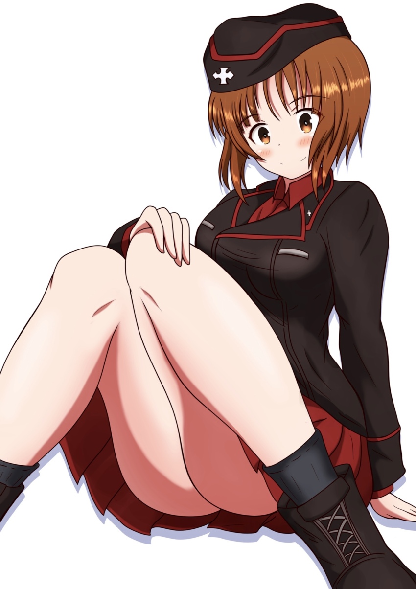 1girl ankle_boots black_boots black_hat black_jacket black_socks boots brown_eyes brown_hair closed_mouth commentary dress_shirt garrison_cap girls_und_panzer hand_on_own_knee hat highres insignia jacket kuromorimine_military_uniform long_sleeves looking_at_viewer meiya military military_hat military_uniform miniskirt nishizumi_miho pleated_skirt red_shirt red_skirt shadow shirt short_hair simple_background sitting skirt smile socks solo white_background wing_collar