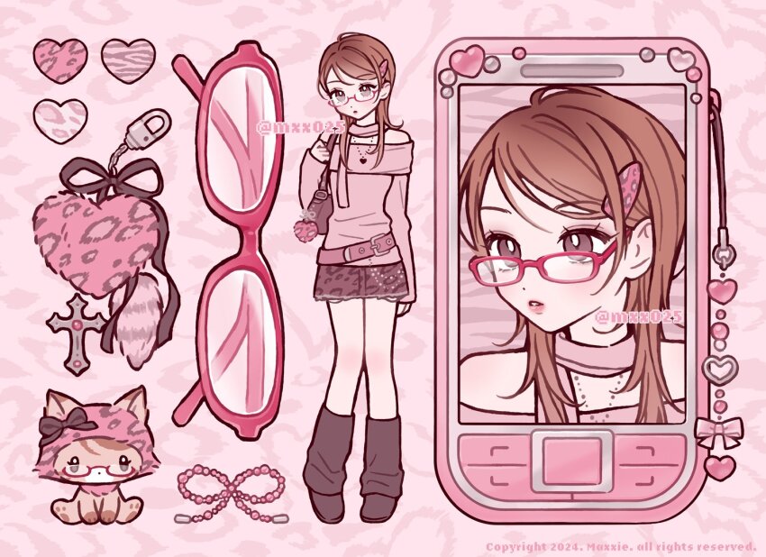 1girl animal_print animalization bag bag_charm belt black_shoes black_skirt black_socks blush bow brown_eyes brown_hair cat cellphone cellphone_charm charm_(object) fashion glasses hair_ornament hairclip handbag heart himekaji korean_commentary leopard_print loafers long_hair long_sleeves loose_socks mxx025 off-shoulder_sweater off_shoulder original phone pink_belt pink_bow pink_sweater pink_theme rhinestone ribbon shoes skirt socks solo sweater what&#039;s_in_my_bag