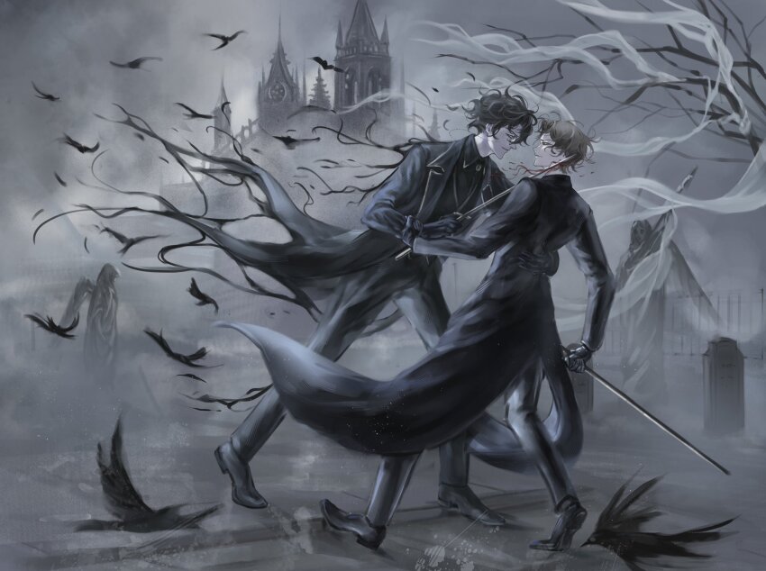 2boys ajsaart amon_(lord_of_the_mysteries) bare_tree black_coat black_gloves black_hair black_shirt black_vest blonde_hair blood blood_splatter brooch castle coat curtains fence full_body gloves hashtag-only_commentary highres holding holding_sword holding_weapon iron_fence jewelry klein_moretti looking_at_another lord_of_the_mysteries male_focus monochrome multiple_boys outdoors shirt slit_throat sword tile_floor tiles tombstone tree vest weapon