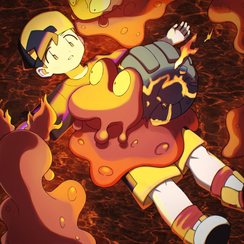 1boy backwards_hat baseball_cap black_hair black_shirt ethan_(pokemon) fire gen_2_pokemon hat highres huyugmy lava lying magcargo male_focus nintendo on_back parted_lips pokemon pokemon_(creature) pokemon_gsc shirt shoes shorts slugma socks