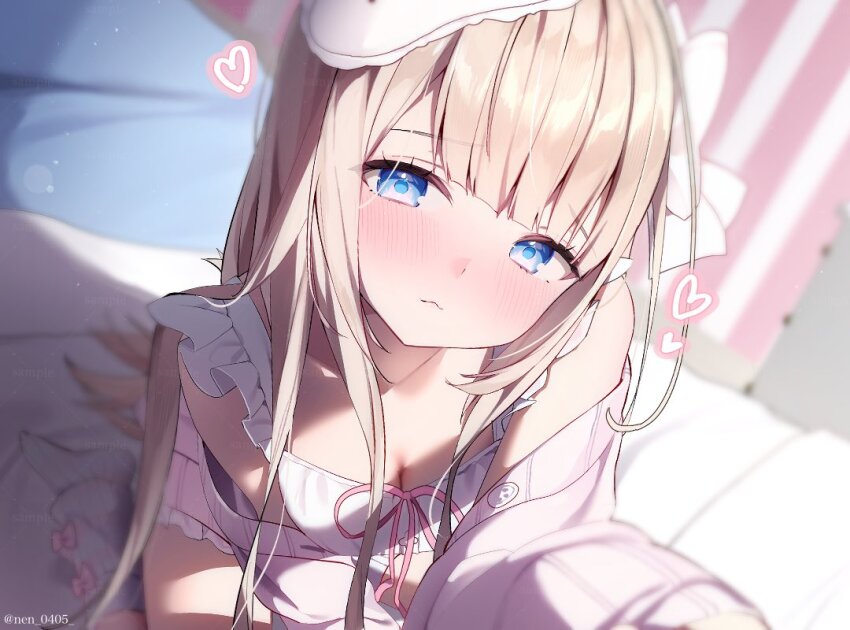 1girl bed blonde_hair blue_eyes blurry blurry_background blush breasts cardigan cleavage closed_mouth commentary_request commission hat heart indie_virtual_youtuber long_hair looking_at_viewer mask mask_on_head nen_0405 off_shoulder on_bed open_cardigan open_clothes pillow pink_cardigan pink_ribbon ribbon sitting skeb_commission sleep_mask small_breasts solo twitter_username virtual_youtuber white_mask yukinoshita_peo