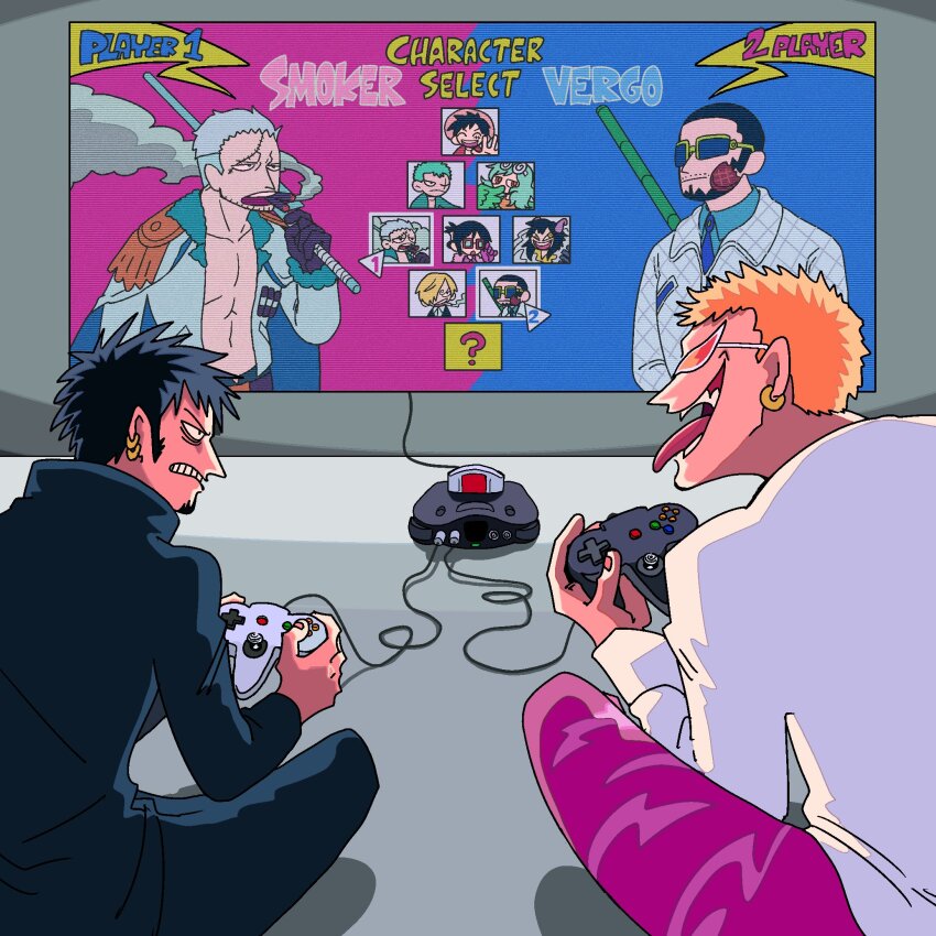 2boys black_coat black_hair blonde_hair cigar coat controller donquixote_doflamingo earrings english_text epaulettes from_behind game_console game_controller highres holding holding_controller holding_game_controller jewelry looking_at_another male_focus monet_(one_piece) monkey_d._luffy multiple_boys nanaban nintendo_64 nintendo_64_controller one_piece open_mouth pants pink_pants playing_games roronoa_zoro sanji_(one_piece) shirt short_hair sitting smoker_(one_piece) smoking tashigi teeth tonfa tongue tongue_out trafalgar_law vergo_(one_piece) weapon white_shirt