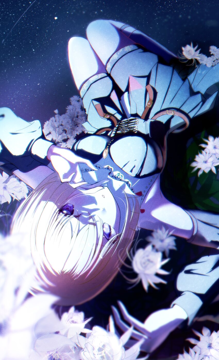 1girl absurdres bang_dream! bang_dream!_it&#039;s_mygo!!!!! bare_shoulders black_dress blonde_hair chromatic_aberration commentary corset cropped daisy_(flower) detached_sleeves doloris_(bang_dream!) dress epiphyllum field flower flower_field hair_between_eyes highres knees_up long_sleeves looking_at_viewer lying medium_hair misumi_uika night night_sky on_back parted_lips purple_eyes shooting_star sky solo star_(sky) starry_sky upside-down white_flower white_garand