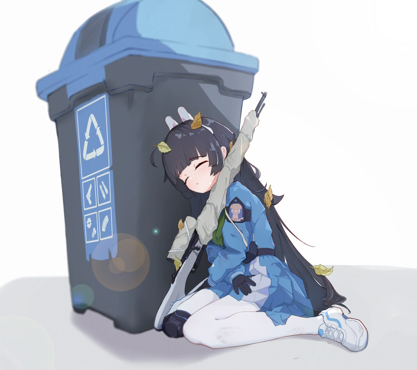 1girl ahoge ammunition_pouch animal_ears armband arrow_(symbol) black_armband black_gloves black_hair blue_archive blue_serafuku blue_shirt blue_skirt blunt_bangs blunt_sidelocks blurry bolt_action closed_eyes closed_mouth commentary crossed_wrists depth_of_field dirty dirty_clothes dirty_legwear fake_animal_ears footprints full_body gloves green_neckerchief gun gun_sling hands_on_own_thighs head_tilt highres hime_cut knee_pads leaf leaf_on_head lens_flare light_blush long_hair long_sleeves mi_kan_(1101515378) miyu_(blue_archive) mosin-nagant neckerchief no_halo pantyhose pleated_skirt pouch puffy_long_sleeves puffy_sleeves rabbit_ears recycle_bin recycling_symbol rifle school_uniform serafuku shadow shirt shoe_print shoes sidelocks simple_background single_knee_pad sitting skirt sleeping sleeping_upright sneakers solo trash_can two-tone_skirt very_long_hair wariza weapon white_background white_pantyhose white_shoes