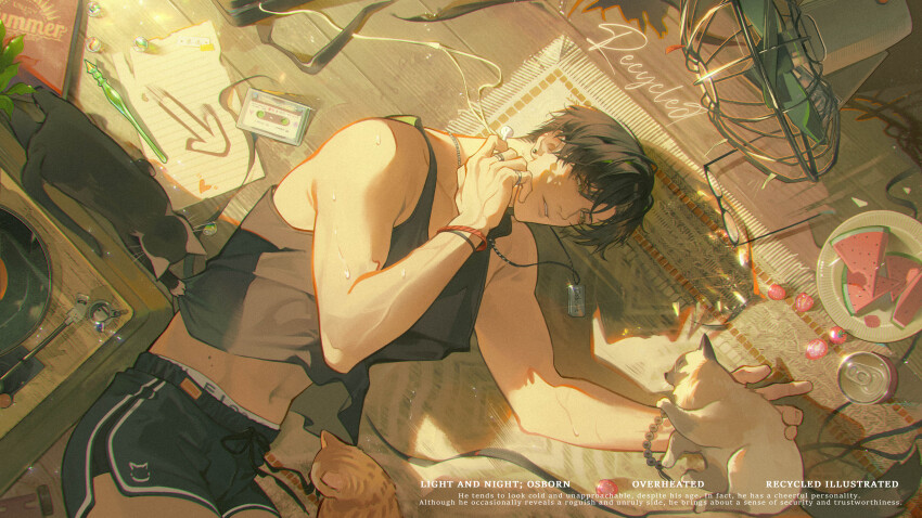 1boy absurdres animal artist_name black_hair black_shirt bracelet cat day earphones electric_fan english_text food fruit green_eyes highres indoors jewelry light_and_night_love lying male_focus navel necklace on_side paper parted_bangs parted_lips plate recycled shirt short_hair shorts solo strawberry sunlight sweat watermelon xiao_yi_(light_and_night_love)