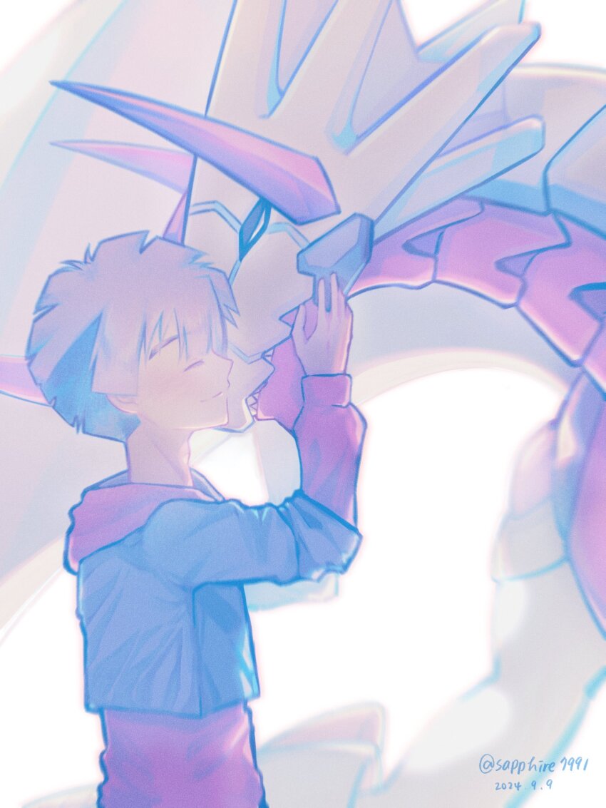 1boy amanokawa_hiro canoweissmon closed_eyes digimon digimon_(creature) digimon_ghost_game dragon happy highres horns smile