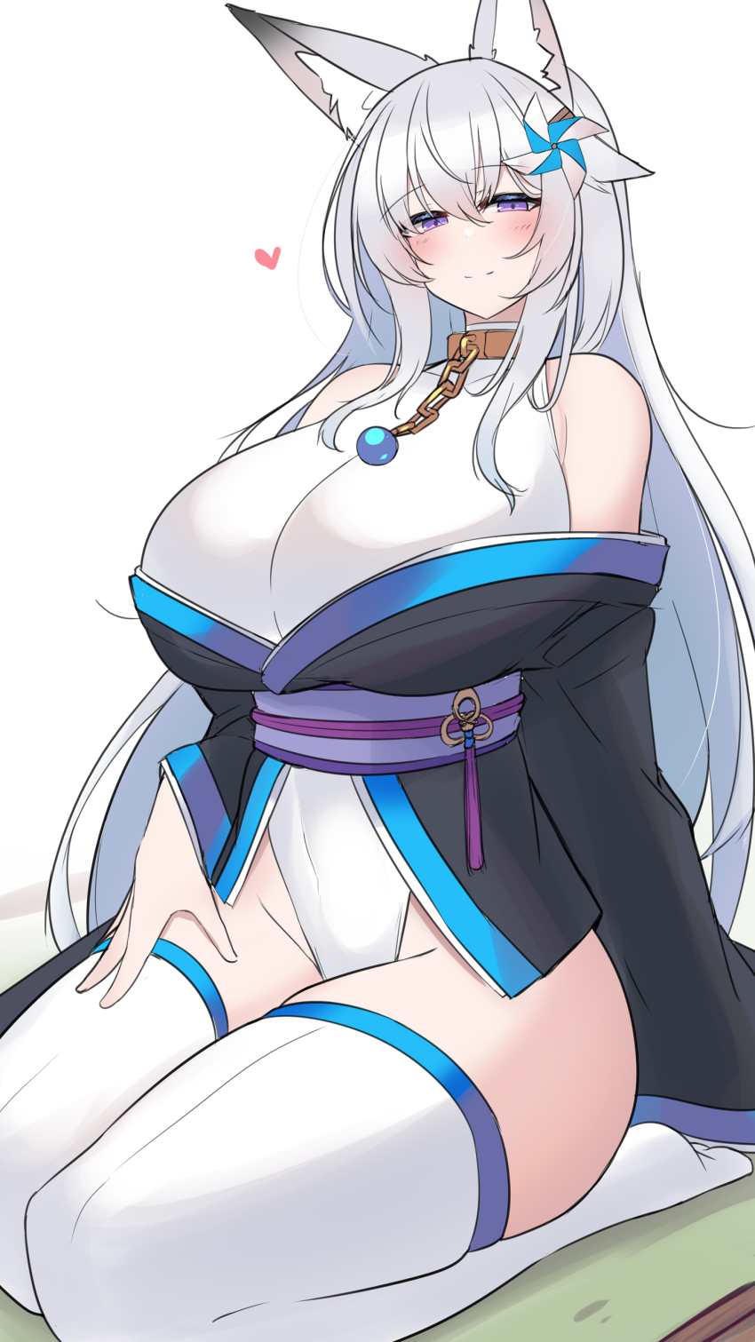 1girl absurdres animal_ear_fluff animal_ears black_kimono blush breasts commentary_request covered_navel fox_ears fox_girl heart highleg highleg_leotard highres huge_breasts indoors japanese_clothes kimono kutan leotard long_hair looking_at_viewer mizuki_(kutan) obi off_shoulder original pinwheel_hair_ornament purple_eyes sash seiza sitting smile solo tatami thighhighs white_hair white_leotard white_thighhighs