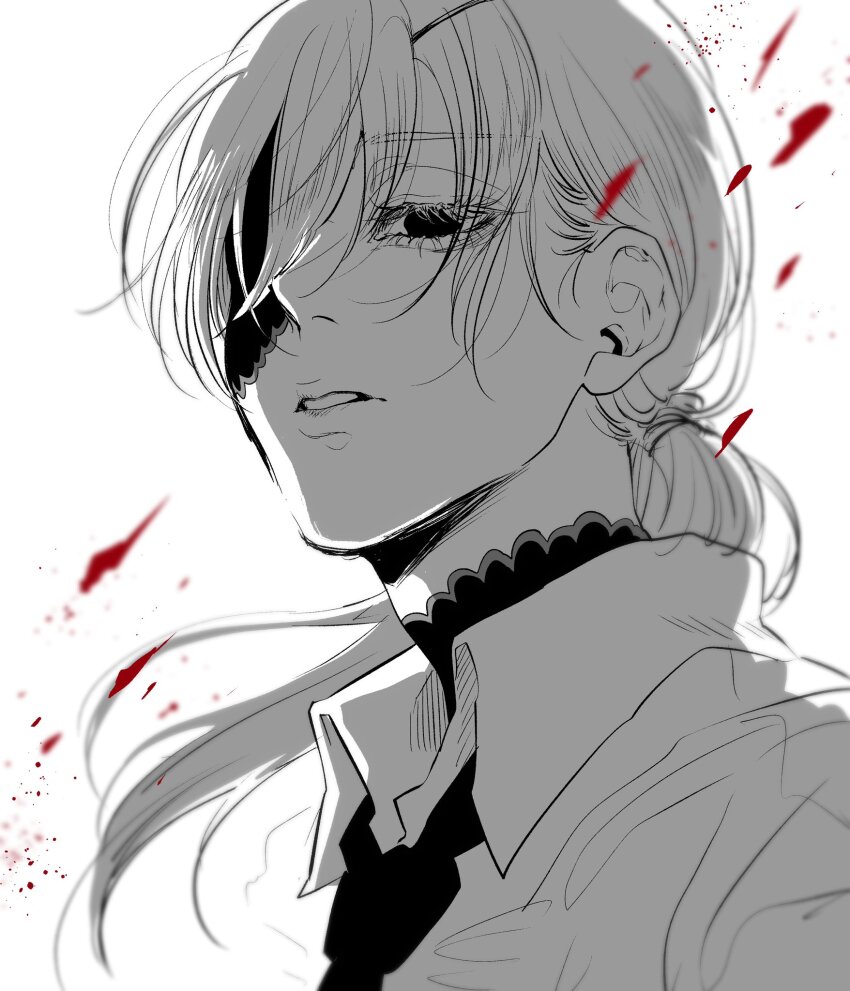 1girl chainsaw_man collared_shirt eyepatch greyscale haru_rice hashtag-only_commentary highres long_hair monochrome necktie parted_lips ponytail quanxi_(chainsaw_man) shirt solo spot_color