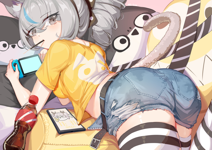 1girl absurdres alternate_costume animal_ears ass back_peek belt bent_over black_belt black_ribbon black_thighhighs blue_hair bronya_zaychik cat_ears cat_girl cat_tail cellphone chinese_commentary commentary denim denim_shorts drill_hair food food_in_mouth from_behind grey_hair hair_ribbon handheld_game_console highres holding holding_handheld_game_console homu_(honkai_impact) honkai_(series) honkai_impact_3rd looking_at_viewer multicolored_hair nintendo_switch open_clothes open_shorts phone pocky pocky_in_mouth ribbon shorts smartphone soda_bottle solo streaked_hair striped_clothes striped_thighhighs tail thighhighs torn_clothes torn_shorts two-tone_hair two-tone_thighhighs white_thighhighs xg_epee zettai_ryouiki