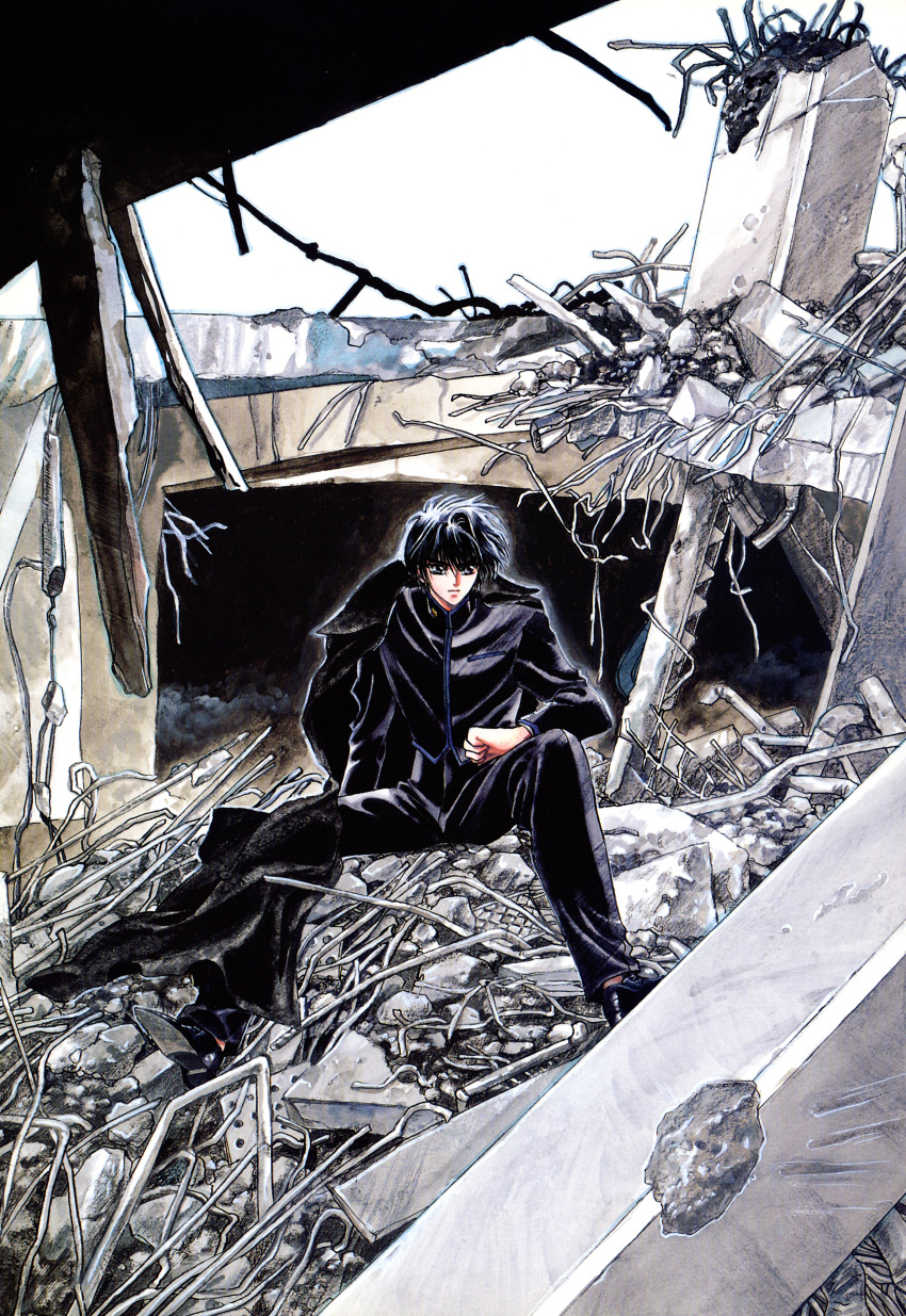 1boy absurdres black_hair blue_eyes clamp closed_mouth collapsed destruction hand_on_leg highres long_sleeves male_focus metal official_art pillar industrial_pipe post-apocalypse rubble ruins serious shirou_kamui sitting solo spread_legs traditional_media x_(manga)