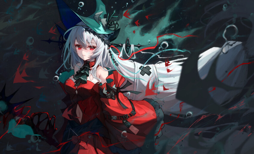 1girl absurdres ahoge air_bubble aqua_hat arknights bare_shoulders breasts bubble clothing_cutout cowboy_shot detached_sleeves dress frilled_sleeves frills grey_hair hat highres holding holding_staff ijac_ray large_breasts long_hair long_sleeves looking_at_viewer low-tied_long_hair navel navel_cutout parted_lips red_dress red_eyes skadi_(arknights) skadi_the_corrupting_heart_(arknights) solo staff underwater very_long_hair wide_sleeves