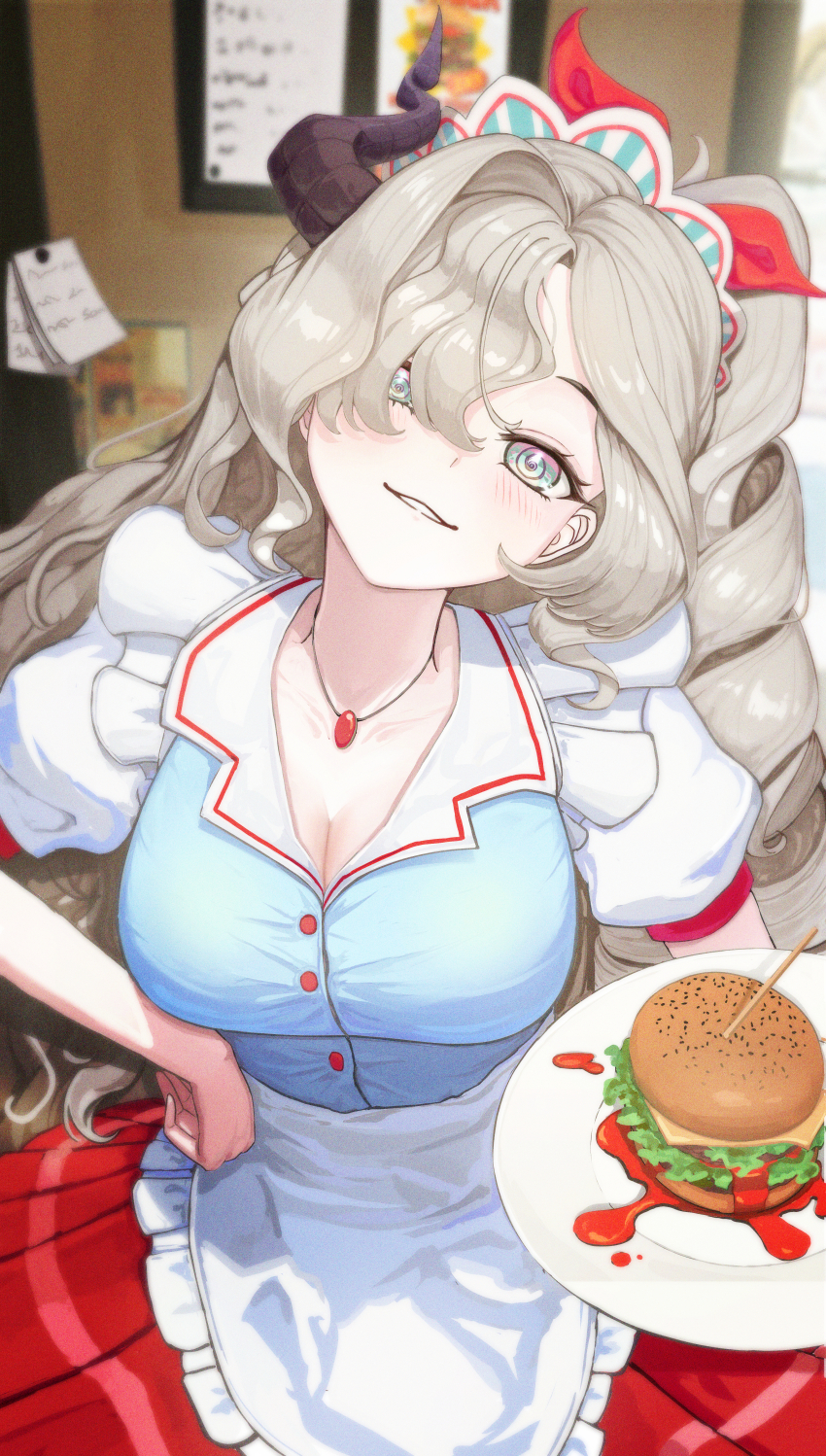 1girl @_@ absurdres apron aqua_(eos8012) blue_shirt blurry blurry_background blush breasts burger cleavage cowboy_shot drill_hair film_grain food green_eyes grey_hair hair_over_one_eye hand_on_own_hip head_tilt highres holding holding_plate horns indoors jewelry large_breasts looking_at_viewer makasha_(trickcal) multicolored_eyes one_side_up pendant pink_eyes plate puffy_short_sleeves puffy_sleeves red_skirt shirt short_sleeves single_drill single_horn skirt solo trickcal waist_apron waitress yellow_eyes
