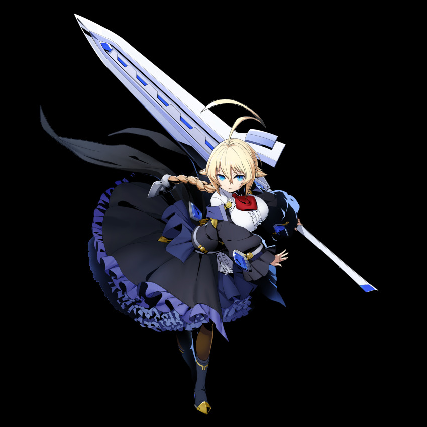 1girl ahoge blazblue blazblue:_cross_tag_battle blonde_hair blue_eyes braid breasts dress es_(xblaze) female_focus frills hair_between_eyes hair_weapon highres higuchi_konomi holding holding_sword holding_weapon huge_ahoge large_breasts long_hair long_sleeves looking_at_viewer necktie single_braid slit_pupils solo sword weapon xblaze xblaze_code:_embryo xblaze_lost:_memories