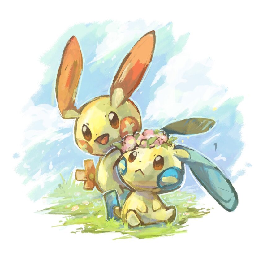 animal_focus brown_eyes closed_mouth flower frown gen_3_pokemon grass highres minun nintendo no_humans open_mouth plusle pokemon pokemon_(creature) sitting smile toneko