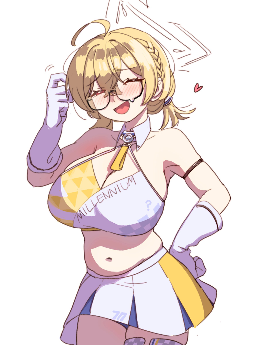 1girl :d absurdres antenna_hair blonde_hair blue_archive breasts cheerleader cleavage glasses gloves hair_between_eyes halo hands_on_own_hips highres hobgoblin-kim kotori_(blue_archive) kotori_(cheer_squad)_(blue_archive) large_breasts millennium_cheerleader_outfit_(blue_archive) muffin_top navel official_alternate_costume open_mouth plump short_hair short_twintails simple_background smile solo sports_bra stomach teardrop-framed_glasses triangle_halo twintails two-tone_sports_bra white_background white_gloves
