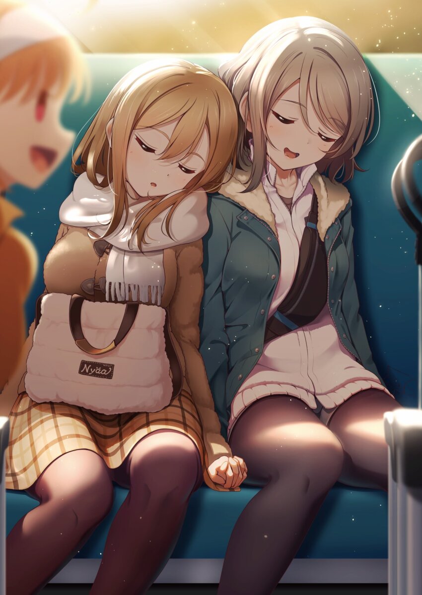 3girls :d :o amagi_(volfuji) aqua_jacket black_bag black_pantyhose breasts brown_jacket brown_skirt bus_interior closed_eyes collarbone collared_jacket commentary_request fanny_pack feet_out_of_frame grey_hair grey_shorts hair_intakes highres holding_hands interlocked_fingers jacket kunikida_hanamaru large_breasts leaning_on_person leaning_to_the_side light_particles long_sleeves looking_at_another love_live! love_live!_sunshine!! medium_skirt multiple_girls open_clothes open_jacket open_mouth orange_hair pantyhose pink_bag plaid_clothes plaid_skirt scarf short_hair short_shorts shorts skirt sleeping sleeping_upright smile takami_chika u_u watanabe_you white_jacket white_scarf