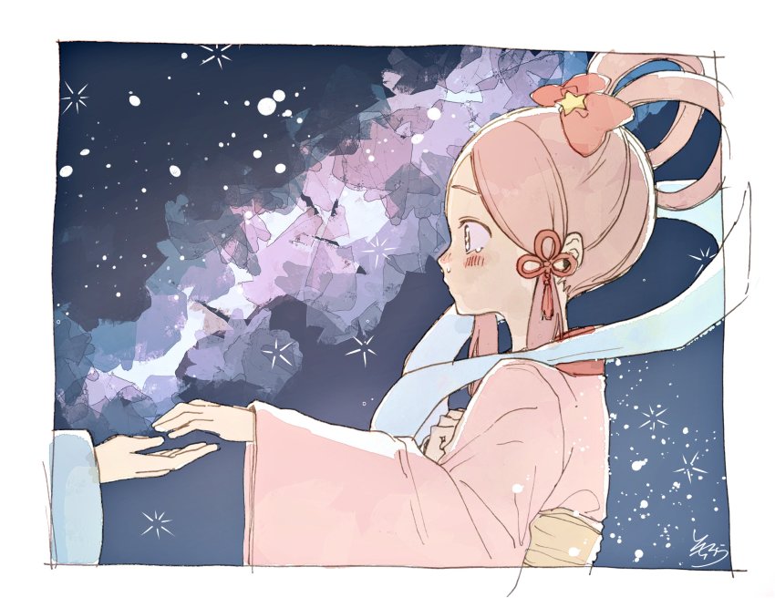 1boy 1girl blush bow brown_eyes closed_mouth hagoromo hair_bow hair_ornament hair_rings highres hikoboshi japanese_clothes kimono long_sleeves looking_away obi original orihime_(tanabata) out_of_frame parted_bangs pink_kimono profile red_bow sash shawl signature sleeves_past_wrists sofra star_(symbol) tanabata tassel tears upper_body wide_sleeves
