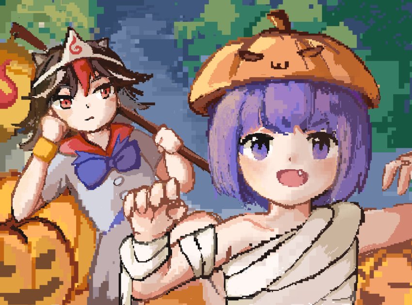 2girls :d alternate_costume bracelet claw_pose cone_horns cosplay fang gao grey_horns highres holding holding_stick horns jewelry kijin_seija looking_at_viewer multiple_girls open_mouth pixel_art pumpkin_hat purple_eyes purple_hair smile stick sukuna_shinmyoumaru touhou v-shaped_eyebrows zhiyu