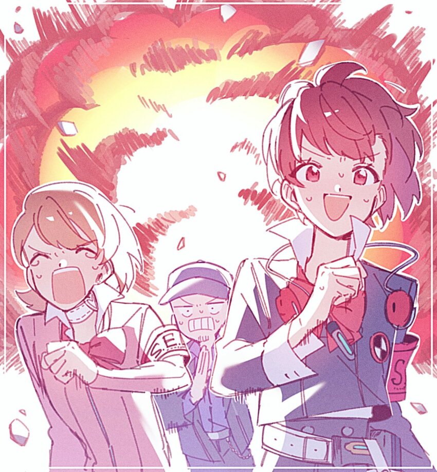 1boy 2girls armband baseball_cap black_jacket blue_skirt bow bowtie brown_hair cardigan choker closed_eyes collared_shirt commentary_request digital_media_player earphones_removed explosion explosion_gag gekkoukan_high_school_uniform hat heart heart_choker highres iori_junpei jacket long_sleeves multiple_girls open_mouth paitan1007 persona persona_3 persona_3_portable pink_cardigan red_armband red_bow red_bowtie red_eyes ribbed_cardigan running s.e.e.s school_uniform shiomi_kotone shirt short_hair skirt sweat takeba_yukari tears upper_body white_choker white_shirt