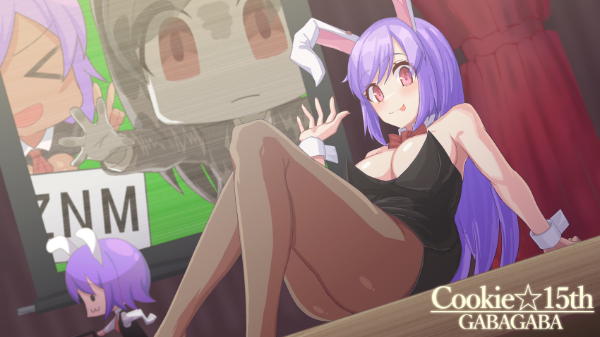 &gt;_&lt; 4girls :3 :d :p abebebe absurdres alternate_costume animal_ears black_hisui_(cookie) black_leotard blush bow bowtie breasts brown_pantyhose cleavage closed_mouth cookie_(touhou) curtains fake_hisui_(cookie) feet_out_of_frame grey_hair highres hisui_(cookie) large_breasts leotard long_hair looking_at_viewer metal_hisui_(cookie) multiple_girls open_mouth pantyhose purple_hair rabbit_ears rabbit_girl red_bow red_bowtie red_eyes reisen_udongein_inaba screen short_hair sitting smile solid_circle_eyes solo_focus strapless strapless_leotard tongue tongue_out touhou xd