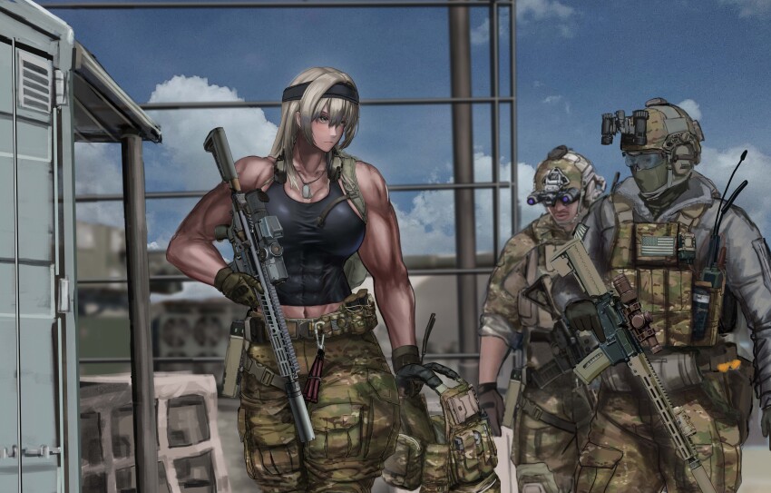 1girl 2boys abs absurdres assault_rifle bag baklava black_shirt blonde_hair blurry breasts camouflage camouflage_pants covered_abs depth_of_field fn_scar g&amp;k-cmdr gun headband helmet highres large_breasts load_bearing_equipment military_combat_uniform military_uniform multiple_boys muscular muscular_female night_vision_device optical_sight original pants patch reflex_sight rifle shirt suppressor tall_female tank_top united_states_army weapon