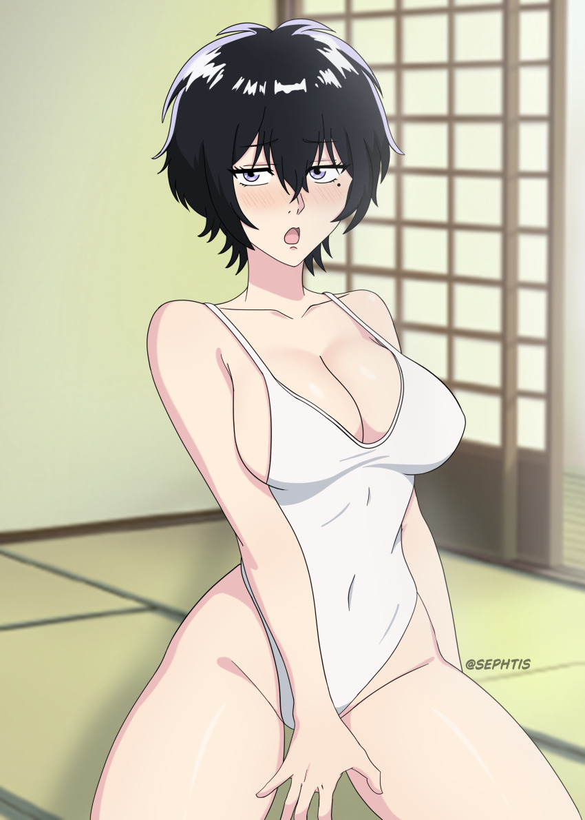 1girl absurdres ahoge arm_support artist_name bare_arms bare_shoulders black_hair blush breasts cleavage collarbone competition_swimsuit covered_navel cowboy_shot dated eyebrows_hidden_by_hair groin hair_between_eyes highleg highres indoors kowloon_generic_romance kujirai_reiko large_breasts leotard looking_at_viewer mole navel one-piece_swimsuit open_mouth parted_lips purple_eyes sephtis shiny_skin short_hair signature sitting smile solo sweat swimsuit tatami thighs twitter_username