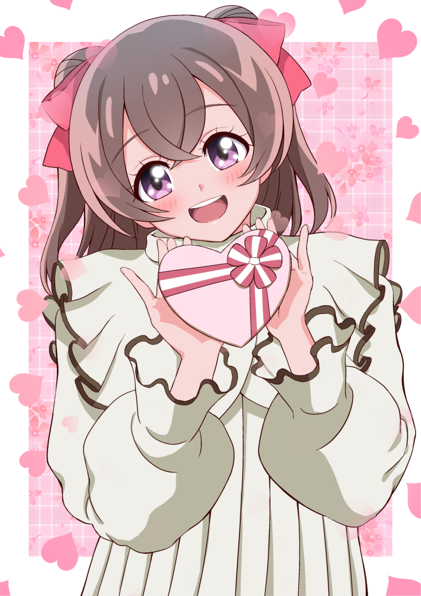 1girl bow brown_hair chocolate delicious_party_precure dress food hair_bow hair_ribbon hakase_yurisuki heart highres holding holding_chocolate holding_food long_hair looking_at_viewer nagomi_yui open_mouth precure purple_eyes ribbon smile solo two_side_up valentine