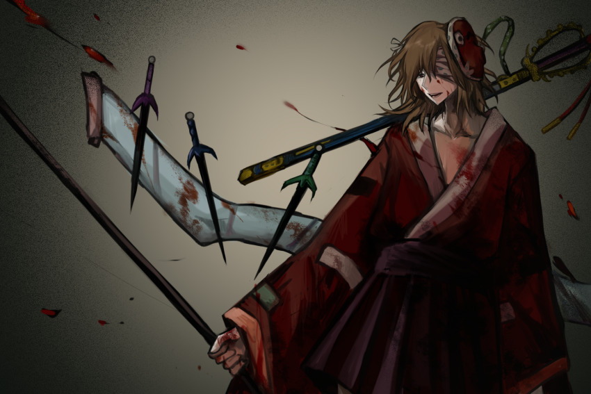 1other ametsukana_yago androgynous bandage_over_one_eye black_hakama blood blood_on_chest blood_on_clothes blood_on_face blood_on_hands brown_hair chinese_commentary commentary_request cowboy_shot hakama hakama_short_skirt hakama_skirt highres holding hyottoko_mask japanese_clothes kimono len&#039;en long_sleeves mask mask_on_head medium_hair mxx33 open_mouth other_focus red_eyes red_kimono skirt smile solo wide_sleeves