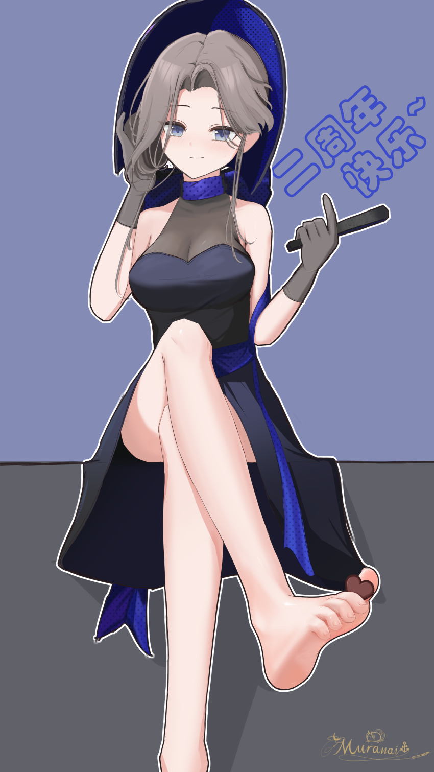1girl absurdres barefoot between_toes blue_eyes breasts candy chocolate chocolate_heart cleavage crossed_legs dress feet grey_hair hand_fan heart highres light_blush long_hair looking_at_viewer ms._grace_(reverse:1999) muranai reverse:1999 smile soles toes