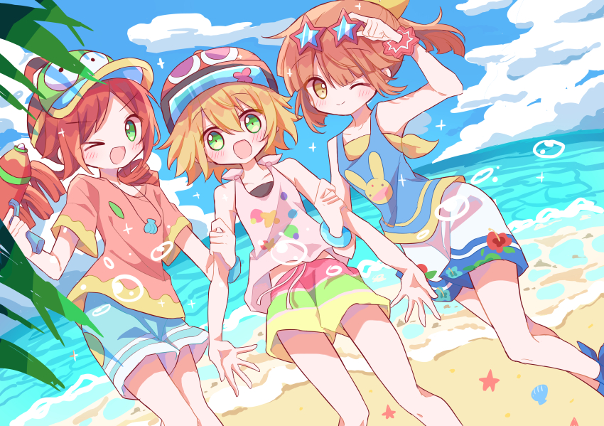 3girls absurdres amitie_(bursting)_(puyopuyo) amitie_(puyopuyo) andou_ringo andou_ringo_(summery) arle_nadja beach blonde_hair blue_sky blush brown_hair carbuncle_(puyopuyo) commentary_request drill_hair eyewear_on_head futaba969649 green_eyes hat highres long_hair looking_at_viewer multiple_girls official_alternate_costume one_eye_closed outdoors ponytail puyo_(puyopuyo) puyopuyo puyopuyo_quest red_hair shirt short_hair shorts sky starfish sunglasses water_gun yellow_eyes