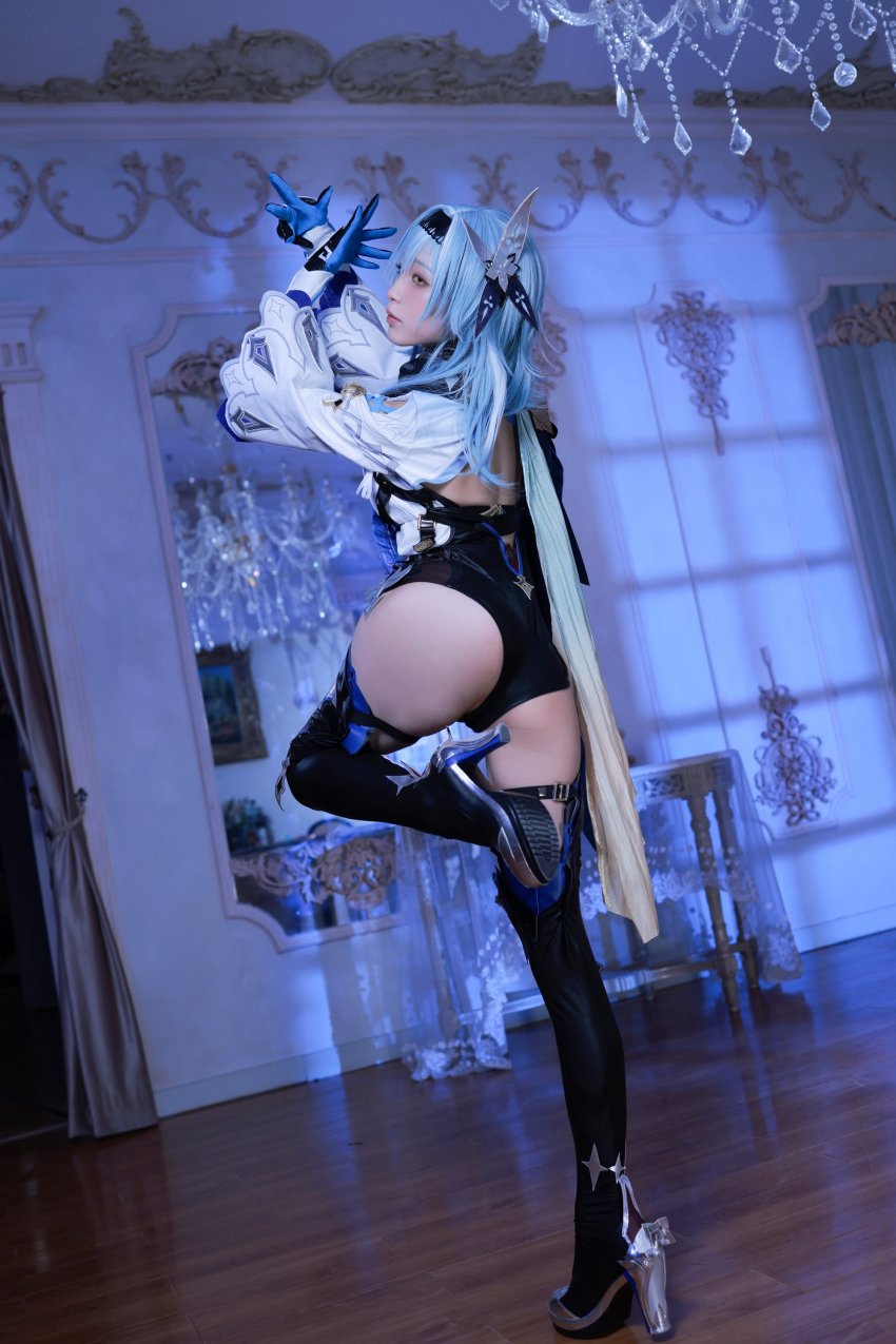 1girl absurdres aqua28551264 ass blue_hair boots cape cosplay eula_(genshin_impact) eula_(genshin_impact)_(cosplay) from_behind genshin_impact gloves hair_ornament hairband high_heel_boots high_heels highres leotard long_hair looking_at_viewer photo_(medium) solo thigh_strap thighhighs