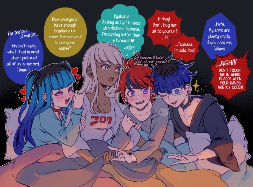 2boys 2girls ahoge alternate_costume alternate_hairstyle amemiya_darumi black_background black_hair black_streaks blanket blue_hair chin_piercing choker closed_eyes cracked_skin dark-skinned_female dark_skin earrings eye_print eyepatch face_piercing heart holding holding_blanket jewelry kawana_tsubasa konoha_kairi long_hair long_sleeves multicolored_hair multiple_boys multiple_girls omokage_yugamu on_bed open_mouth piercing pillow polyamory print_eyepatch red_hair shared_bed shared_blanket shirt short_hair smile streaked_hair sumino_takumi teeth the_hundred_line_-last_defense_academy- twintails under_covers upper_teeth_only white_shirt