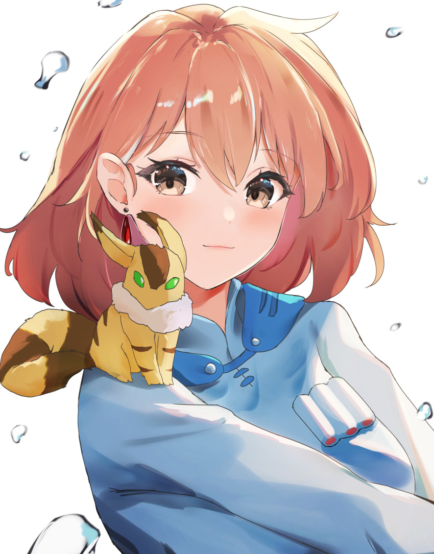 1girl absurdres animal animal_on_shoulder blue_dress blush breasts brown_eyes brown_hair closed_mouth commission creature dress earrings elphe hair_between_eyes highres jewelry kaze_no_tani_no_nausicaa light_smile long_sleeves looking_at_viewer nausicaa non-web_source pet short_hair teardrop_earrings teto_(nausicaa) upper_body water_drop white_background
