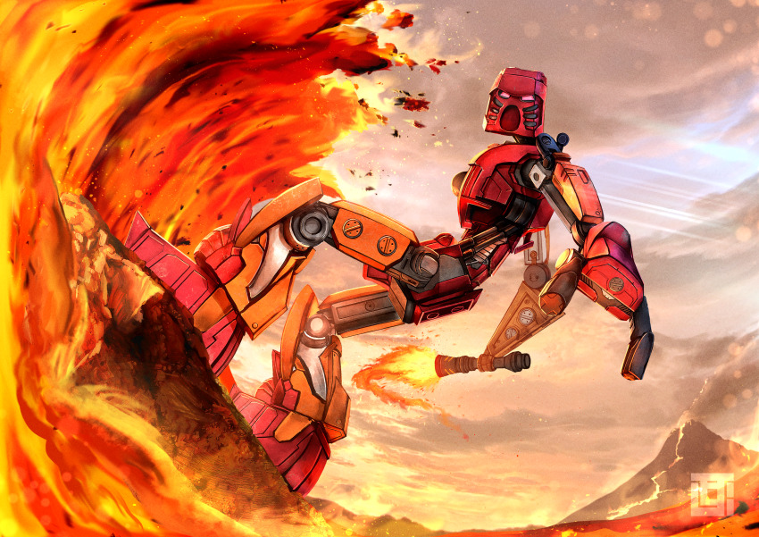 absurdres bionicle cloud cloudy_sky fire flaming_sword flaming_weapon highres holding holding_sword holding_weapon humanoid_robot kanohi_(bionicle) kozsen_810290 lava mask pink_eyes robot rock sky solo sunlight surfing sword tahu_(bionicle) the_lego_group volcano waves weapon