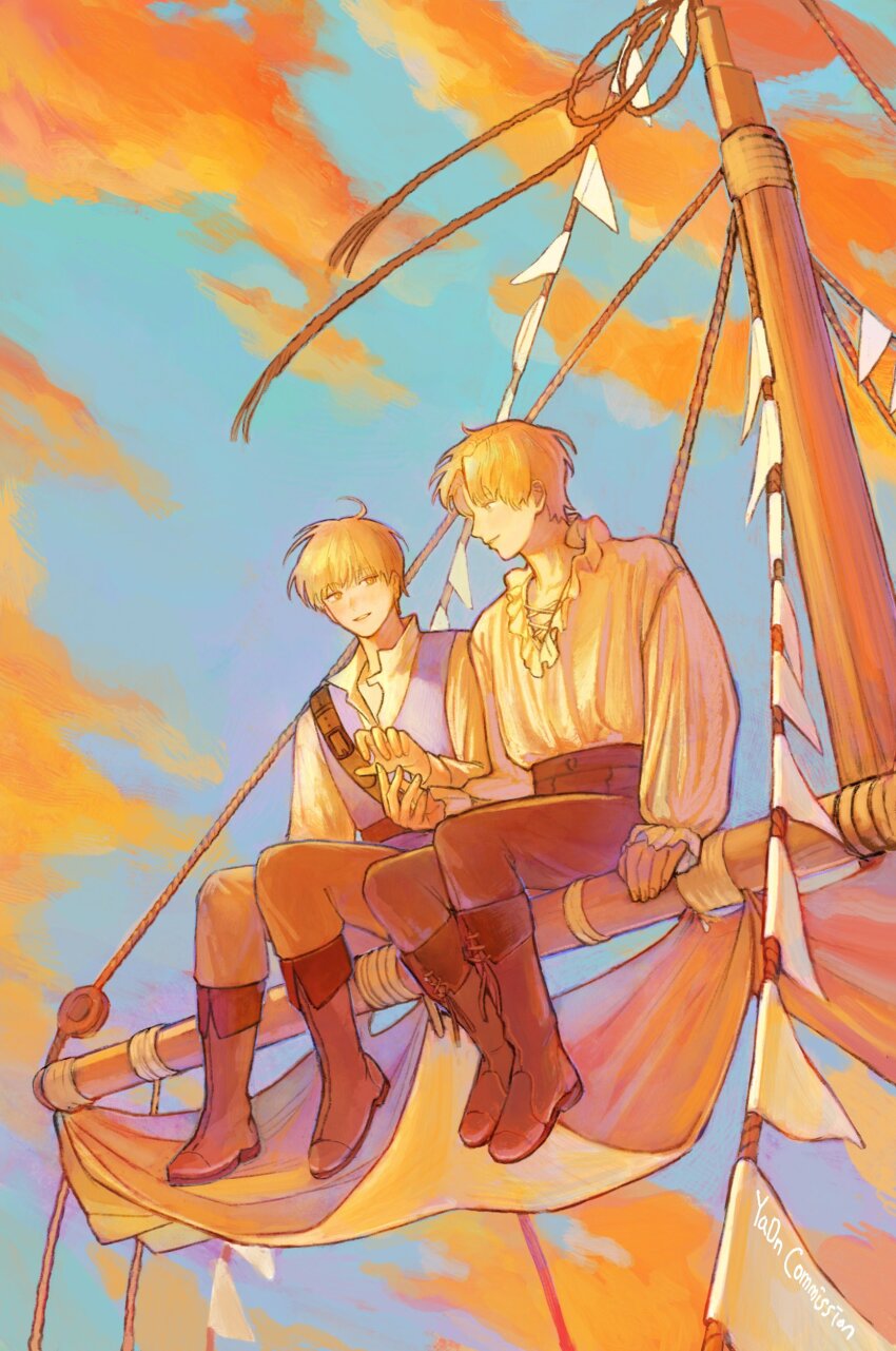 2boys absurdres blonde_hair blue_sky boat boots cloud collared_shirt commentary day debwi_mos_hamyeon_jugneun_byeong_geollim full_body highres korean_commentary long_sleeves male_focus mast multiple_boys outdoors pants park_moondae sail seon_ahyun shirt short_hair sitting sky smile watercraft ya0n0524