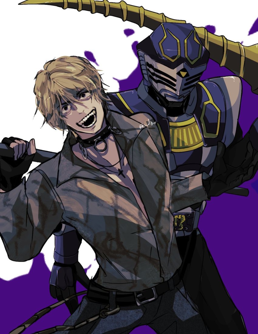 2boys armor asakura_takeshi asymmetrical_gloves belt black_collar black_gloves blonde_hair bodysuit card cobra_(animal) collar commentary_request cross fingerless_gloves gloves grin heisei highres kamen_rider kamen_rider_ouja kamen_rider_ryuki_(series) looking_at_viewer male_focus mask mismatched_gloves multiple_boys ni_celery_pk photoshop_(medium) pov purple_armor shirt smile smoking_pipe snake_print solo_focus splatter sword tokusatsu tongue v_buckle venosaber visor weapon white_background