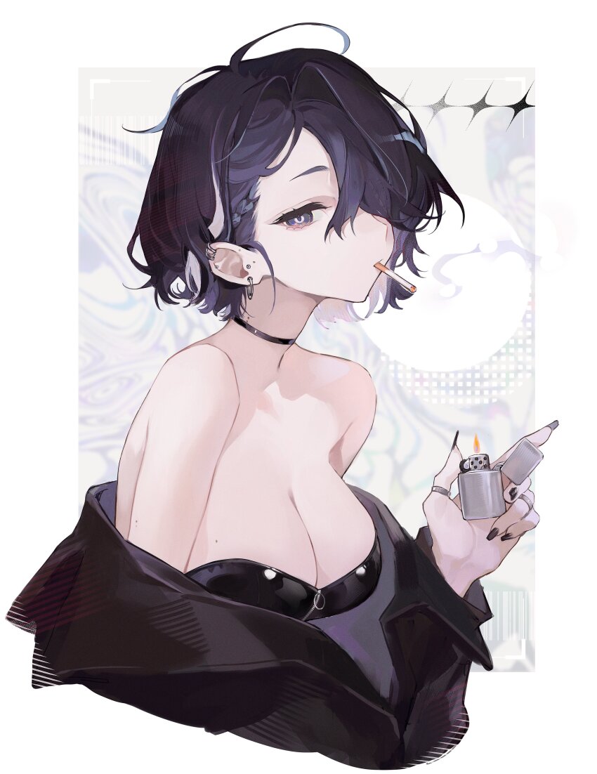 1girl absurdres black_nails breasts cigarette cleavage highres holding holding_lighter lighter mouth_hold nail_polish original purple_eyes purple_hair smoke smoke_trail smoking solo upper_body yoimon