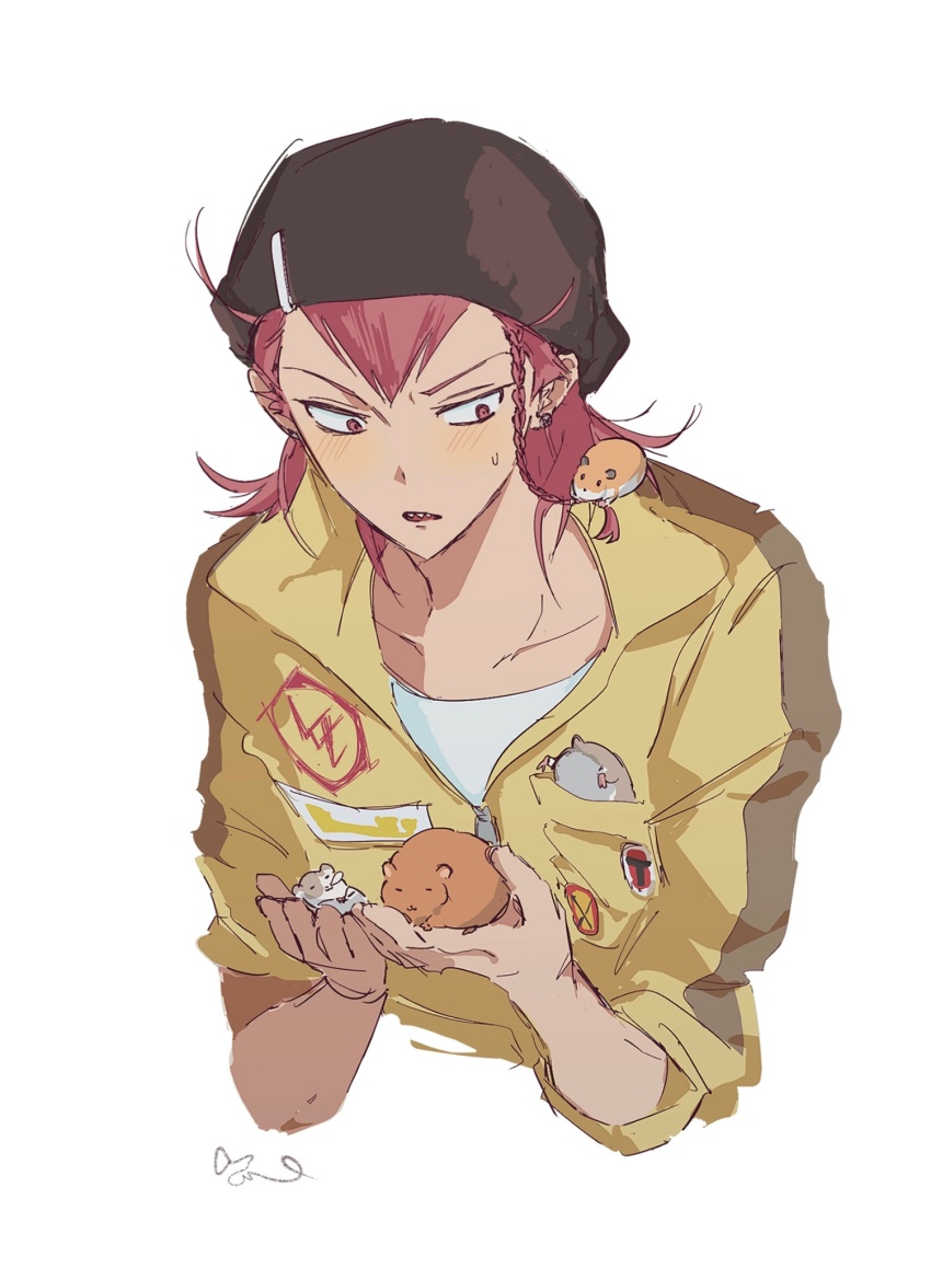 1boy animal black_hat black_jumpsuit braid cham-p collarbone cropped_torso danganronpa_(series) danganronpa_2:_goodbye_despair hamster hands_up hat highres holding holding_animal honma_(ly189) jum-p jumpsuit maga-g male_focus medium_hair open_mouth pink_hair sharp_teeth shirt short_hair simple_background soda_kazuichi solo sun-d teeth white_background yellow_jumpsuit