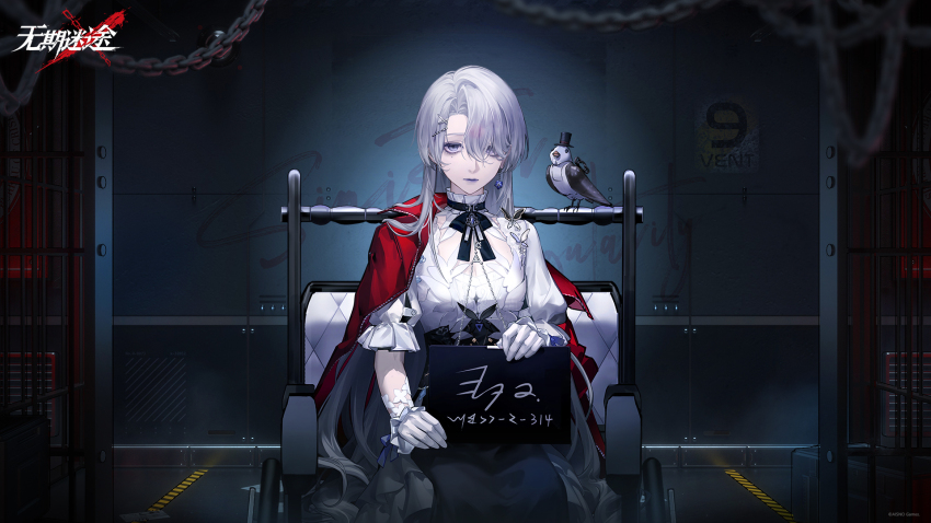 1girl against_wall black_bow black_bowtie black_skirt bow bowtie chain character_name copyright_name cowboy_shot earrings eve_(path_to_nowhere) expressionless eyes_visible_through_hair flower_earrings frilled_sleeves frills gloves grey_eyes grey_hair grey_lips hair_over_one_eye highres holding holding_sign indoors jacket jacket_on_shoulders jewelry logo long_hair long_skirt looking_at_viewer mole mole_under_eye mugshot non-humanoid_robot official_art official_wallpaper path_to_nowhere prison_cell prison_clothes puffy_short_sleeves puffy_sleeves red_jacket robot robot_animal robot_bird shirt short_sleeves sign single_earring sitting skirt solo very_long_hair wheelchair white_gloves white_shirt