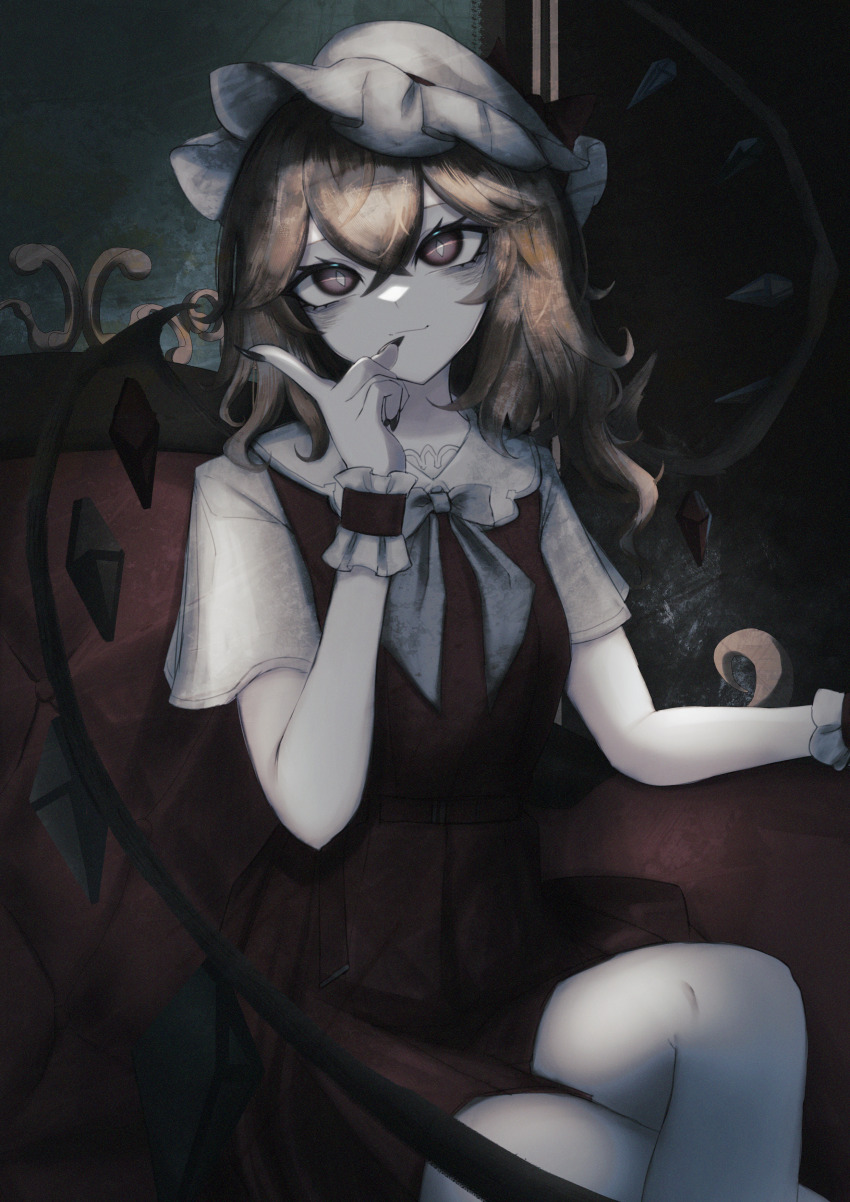 1girl absurdres ascot black_nails blonde_hair coughing crossed_legs dress flandre_scarlet gosick goth_fashion hat highres looking_at_viewer medium_hair mob_cap red_dress red_eyes sitting solo sutorobo72 touhou yellow_ascot