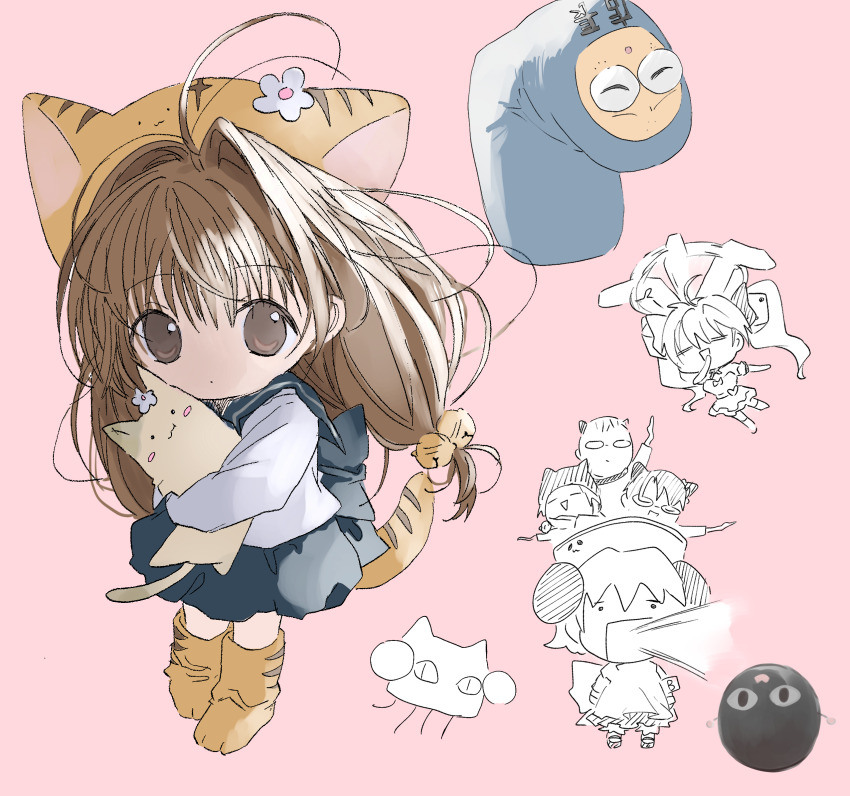3boys 3girls animal animal_hat brown_eyes brown_hair cat cat_hat cat_tail commentary_request coo_erhard di_gi_charat di_gi_charat_(1999) flower full_body grey_sailor_collar grey_skirt hair_flower hair_ornament hano_luno hat highres hokke_mirin holding holding_animal holding_cat ky_schweitzer long_hair long_sleeves looking_at_viewer low-tied_long_hair multiple_boys multiple_girls nazo_gema paw_shoes pink_background piyoko puchiko rik_heisenberg sailor_collar school_uniform serafuku shirt skirt solo_focus tail tenchou-san usada_hikaru white_shirt