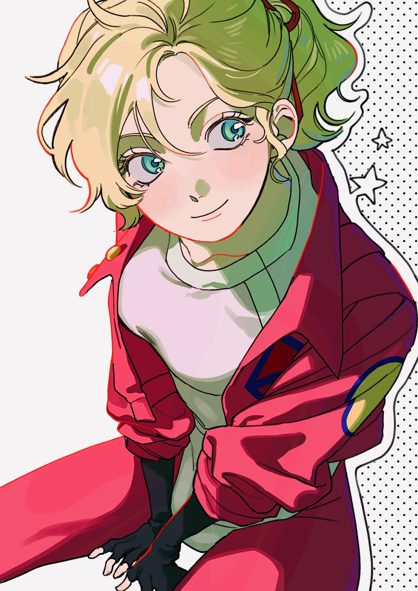 1girl between_legs black_gloves blonde_hair blush breasts closed_mouth collarbone elle_vianno fingerless_gloves gloves green_eyes grey_background grey_outline gundam gundam_zz hair_ribbon hand_between_legs highres jacket kena131 medium_breasts outline pants red_jacket red_pants red_ribbon ribbon shirt sitting smile solo white_shirt