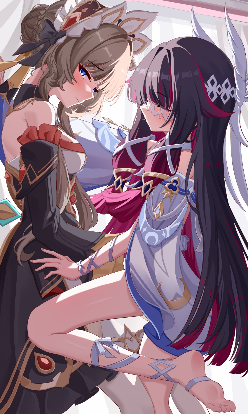 2girls absurdres aichinaigai bare_shoulders black_hair black_sleeves blue_eyes blush breasts brown_hair closed_eyes closed_mouth columbina_(genshin_impact) commentary_request detached_sleeves dress fingernails from_side genshin_impact hair_ornament highres leg_up long_hair long_sleeves looking_at_viewer looking_to_the_side multiple_girls purple_hair saliva saliva_trail sandrone_(genshin_impact) single_bare_foot sleeveless sleeveless_dress very_long_hair wing_hair_ornament yuri
