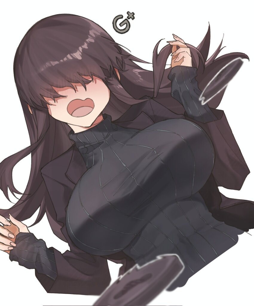 1girl black_hair black_jacket black_sweater breasts bursting_breasts commentary covered_eyes cropped_torso cup_size facing_viewer hair_over_eyes highres jacket kakure_meme kimi_no_koto_ga_dai_dai_dai_dai_daisuki_na_100-nin_no_kanojo large_breasts long_bangs long_hair long_sleeves open_mouth popped_button ribbed_sweater saikiseiya simple_background solo sweater turtleneck turtleneck_sweater upper_body w_arms wavy_mouth white_background
