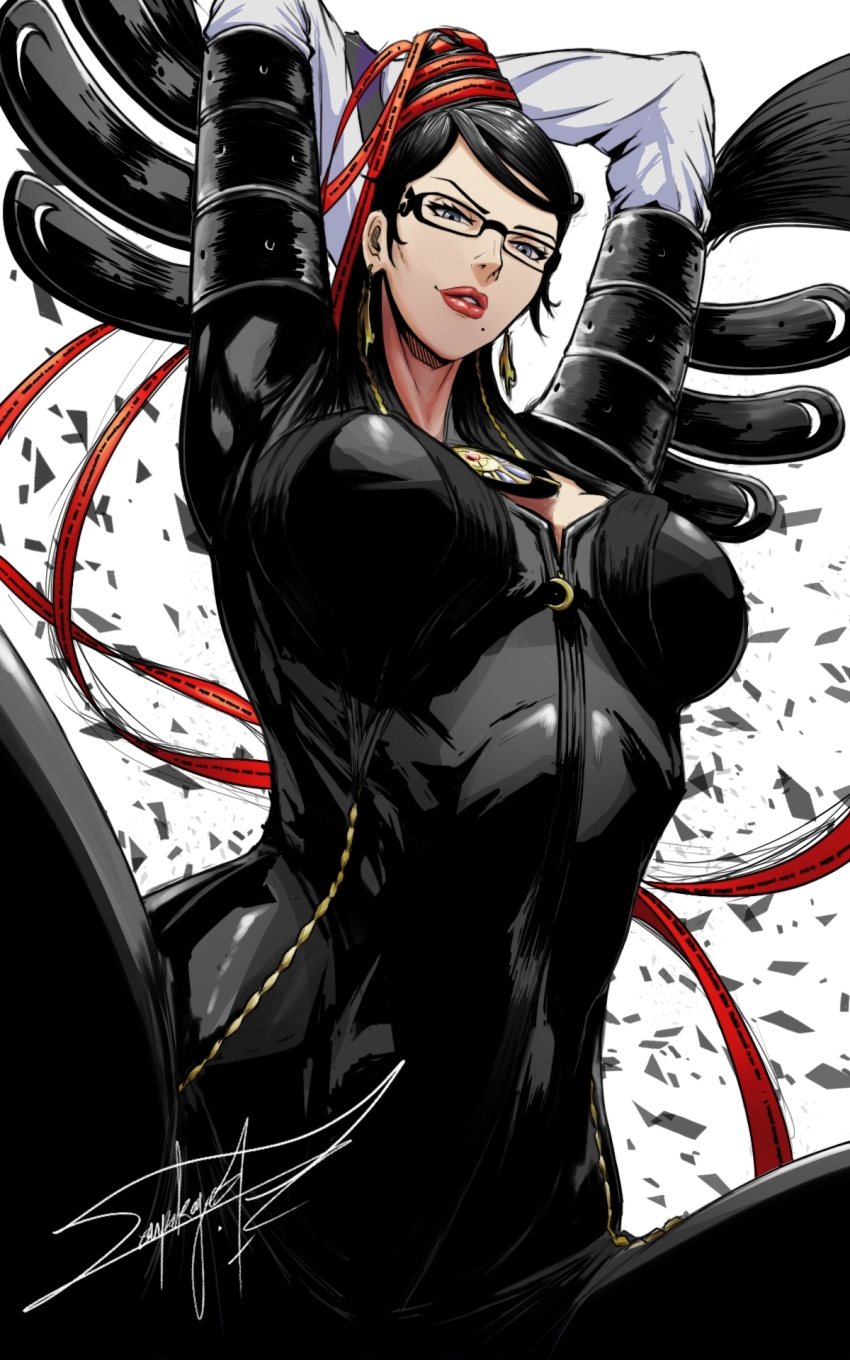1girl bayonetta bayonetta_(series) beehive_hairdo black_hair bodysuit breasts commentary earrings english_commentary from_below glasses highres jewelry mole mole_under_mouth senpokage signature solo