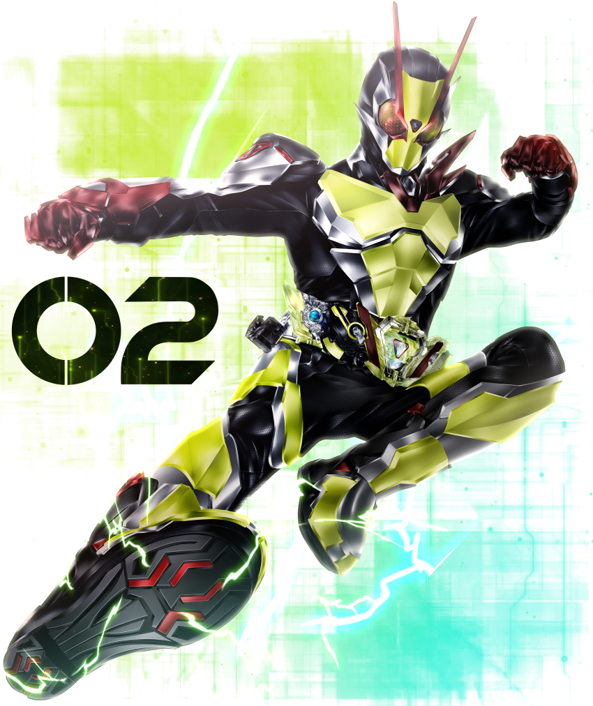 1boy absurdres antennae armor armored_gloves belt black_bodysuit bodysuit character_name rider_belt electricity finishing_move flying_kick full_body gloves green_armor helmet highres kamen_rider kamen_rider_01_(series) kamen_rider_zero-one kamen_rider_zero-two kicking kuzurx looking_at_viewer male_focus progrise_key red_eyes red_gloves rider_belt rider_kick solo tokusatsu zero_two_driver