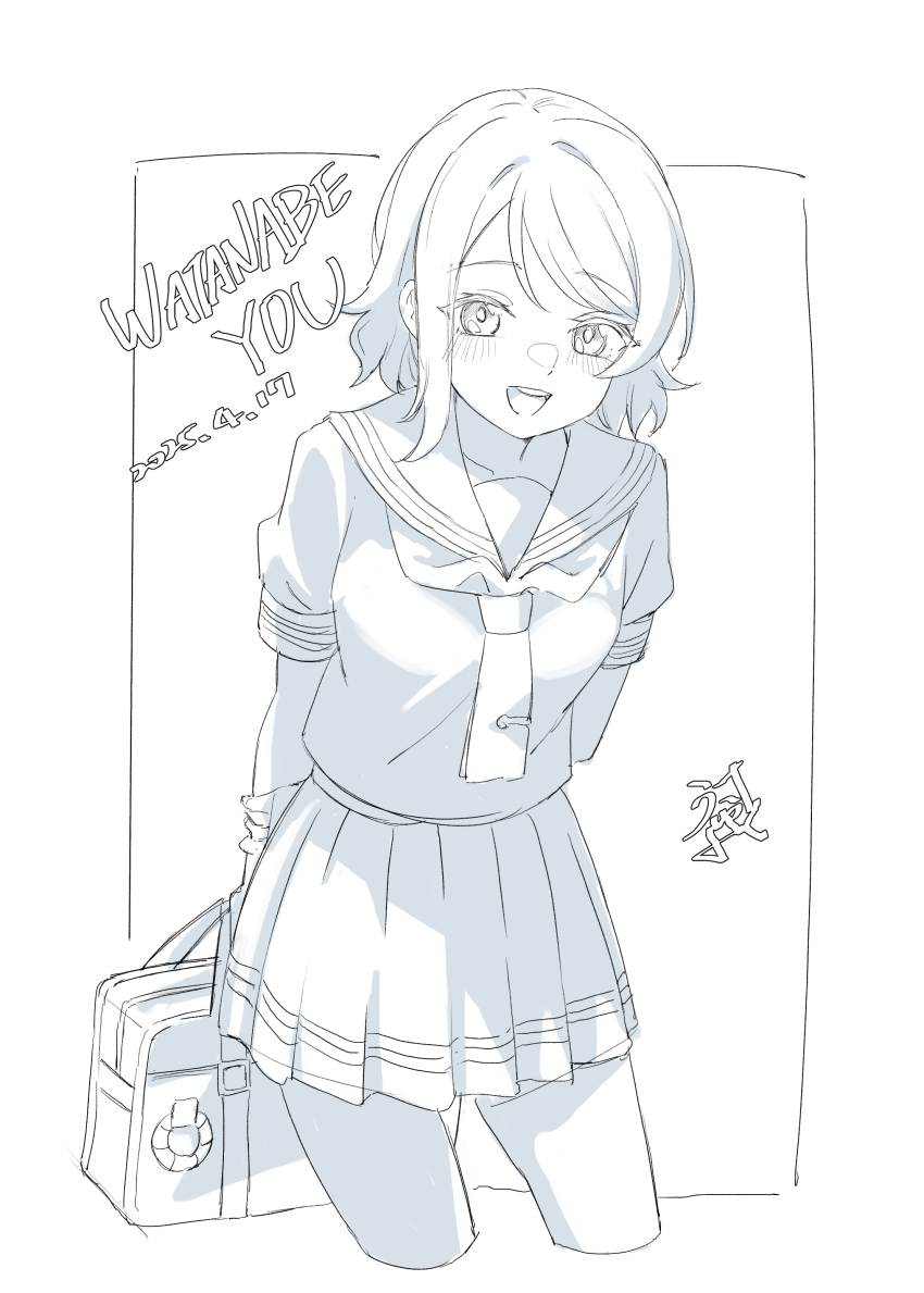 1girl absurdres blush greyscale highres love_live! love_live!_sunshine!! monochrome necktie open_mouth sailor_collar sailor_uniform short_hair smile solo uranohoshi_school_uniform watanabe_you wavy_hair